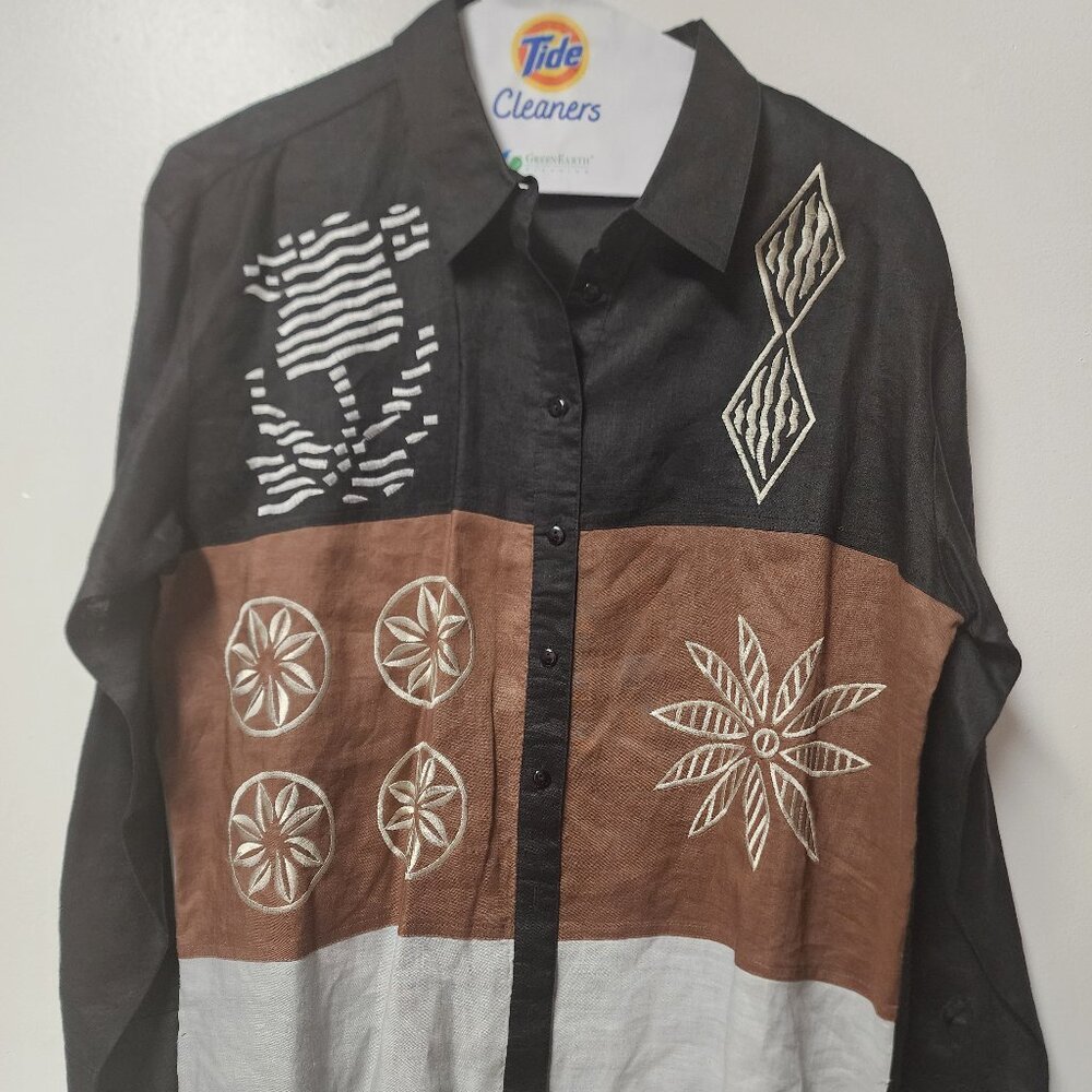 Vintage CB Carry Back 100 Linen Colorblock Grey Black long sleeve shirt 14 NWOT